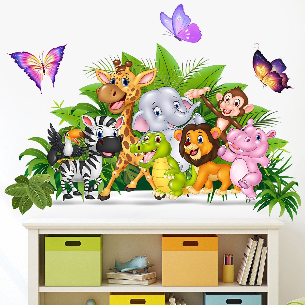 Cartoon Elephant Lion Animal Sticker Butterfly Parrot Children's Bedroom Classroom Wall Decoration Sticker Wallpaper