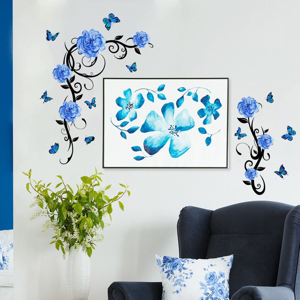 Beautiful rose Blue Fairy Rose Wallpaper Butterfly Living Room Bedroom Decoration Sticker Wallpaper