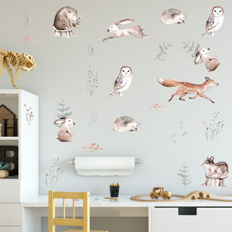 Forest Animals Wall Sticker Cartoon Fox Rabbit Sika Deer Owl Wallpaper For Children's Room Kid's Living Room Creative Wall Mural