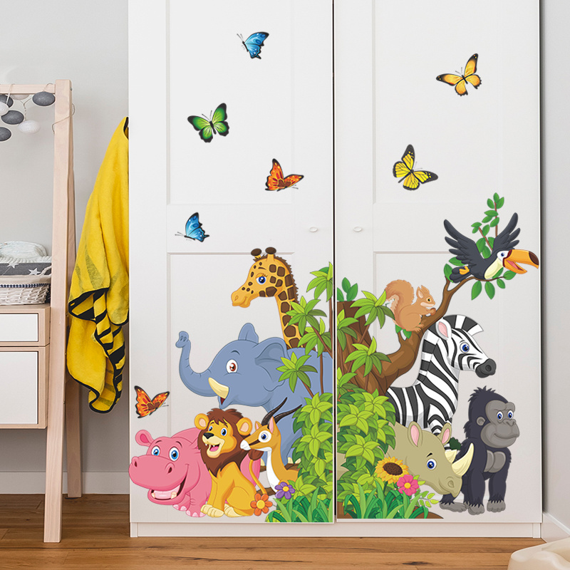 Jungle Animal Wall Sticker Lion Butterfly Cartoon Wallpaper Living Room Decorative Decal DIY Self Adhesive Forest Animals Mural