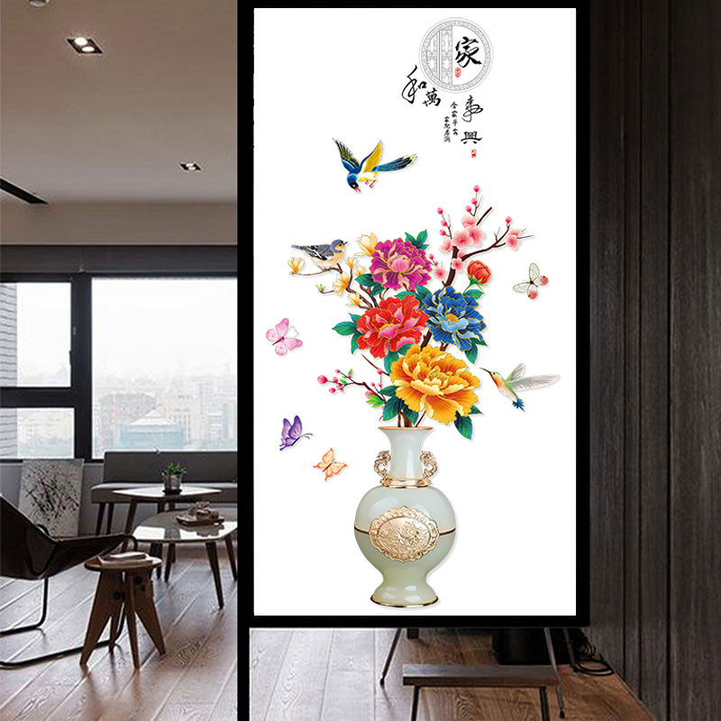 Peony vase Wall Sticker Chinoiserie three-dimensional vase Decals  Living Room Decorative Wallpaper