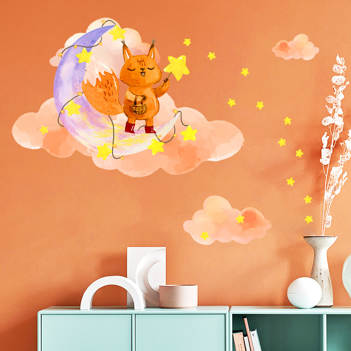 Little Fox On The Moon Stars Wall Sticker Self-adhesive And Removable Wallpaper Living Room Decals