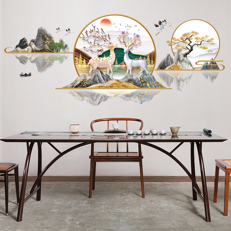 Chinese style sika deer Wall Sticker Mountains rivers lakes and water Decals Living Room Decorative Wallpaper