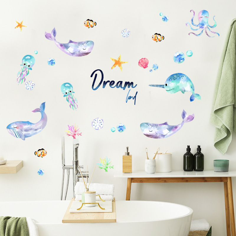 Fantastic Underwater World Wall Sticker Cartoon jellyfish fish Decals  Living Room Decorative Wallpaper