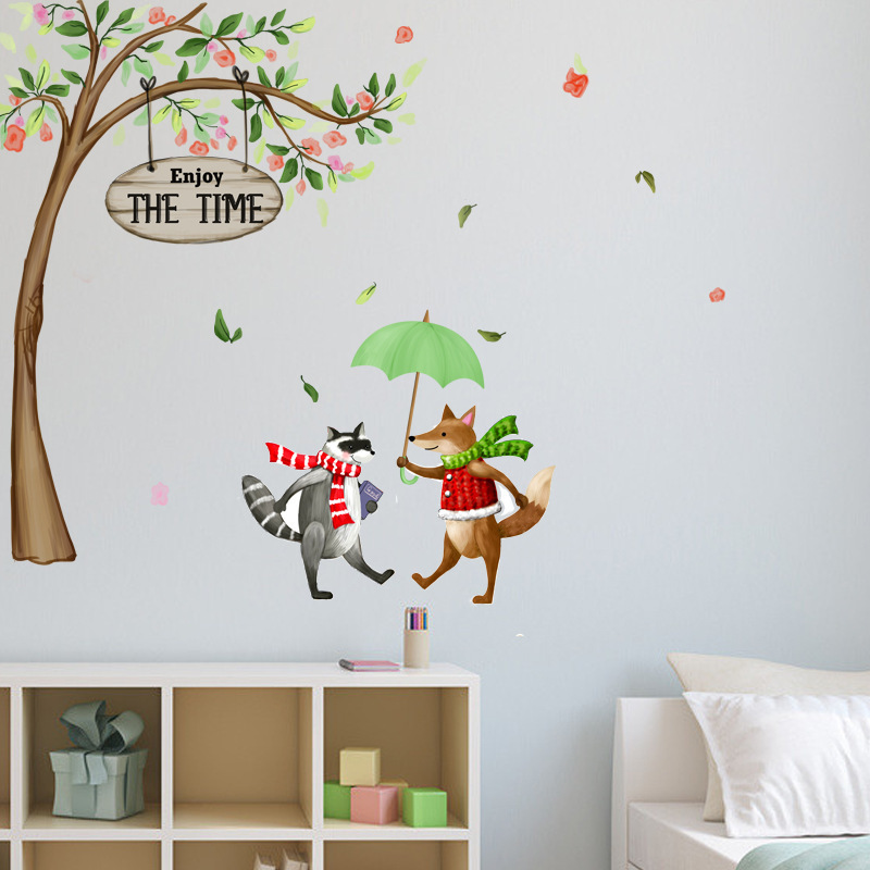 Cute Fox And Palm Civet Wall Sticker Enjoy The Time Wallpaper For Kid's Bedroom Cartoon Wall Mural For Kindergarten Home Decor