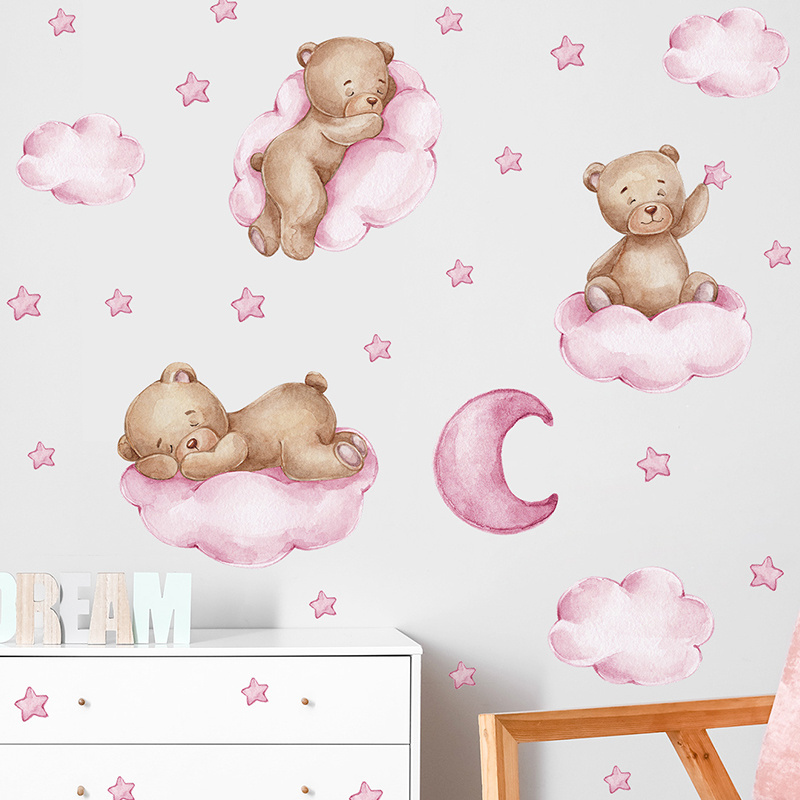 Pink Clouds Stars Wall Sticker Cartoon Bear Decal Cute Kid's Bedroom Cartoon Wallpaper Creative Living Room Decorative Murals