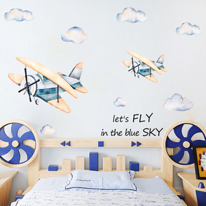 Cartoon Small Airplane Wall Sticker Cute White Cloud Wallpaper Let's Fly in The Blue Sky Wall Decal For Kid's Living Room Decor