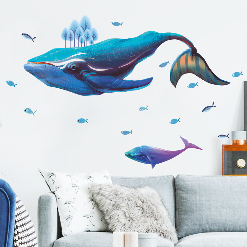 Blue Whale Fishes Wallpaper Kid's Bedroom Stickers Removable Children's Living Room Wall Decals