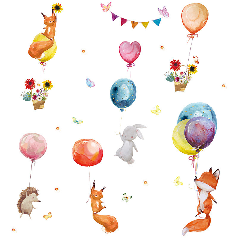 Cartoon Fox Bunny Hedgehog Wall Mural Colorful Balloons Flowers Basket Wallpaper For Kid's Bedroom Kindergarten Decor Stickers