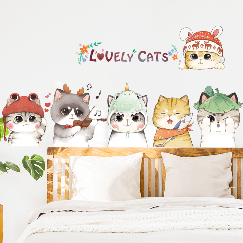 Lovely Cats Wall Decals Cute Kitten With Hats Wall Sticker Cartoon Home Decor For Living Room Bedroom TV Background Wallpaper