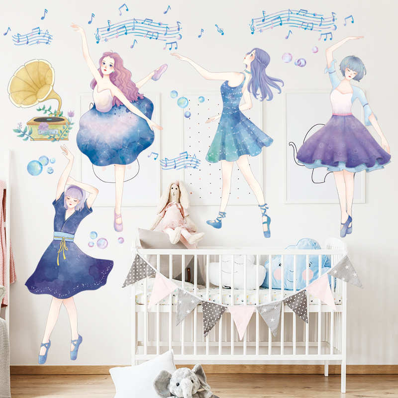 Dancing Girls With Blue Dress Wall Stickers Music Girl Wallpaper For Living Room Bedroom Home Decor Wall Decal For Women