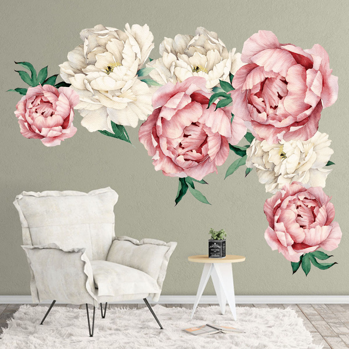 New Design Left Right Size Peony Wall Stickers Pink And White Blooming Flowers Wallpaper For Bedroom TV Background Wall Decal