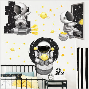 Astronaut Spaceship Cartoon Wall Sticker Black And White Space Planet Wallpaper Baby Boy Bedroom Decorative Wall Decal