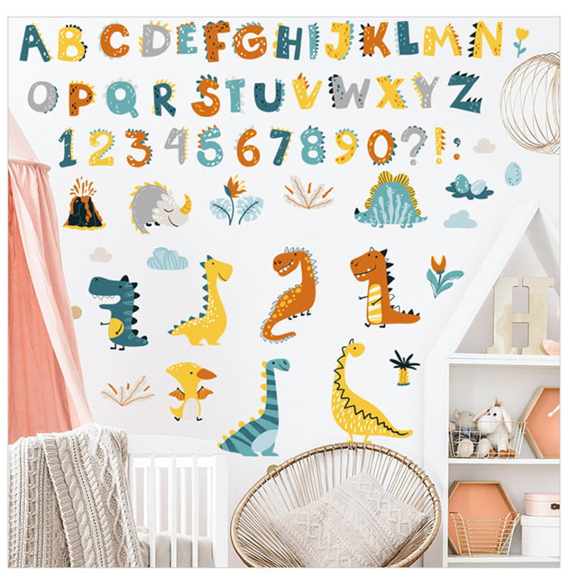 Cute Alphabet Numbers Stickers Cartoon Dinosaurs Cats Wallpaper For Bedroom Self Adhesive TV Background Decorative Wall Decals