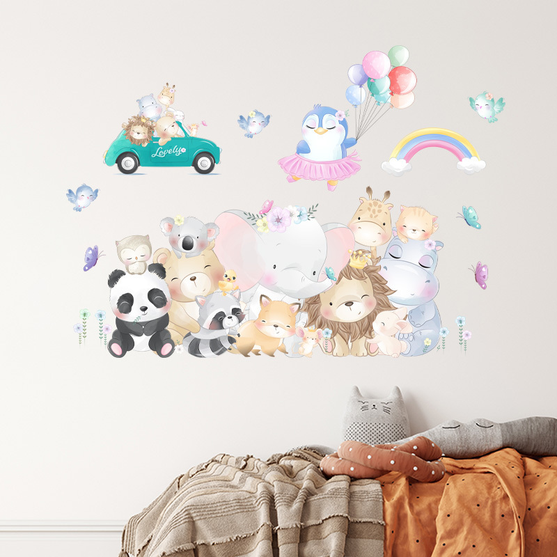 Cartoon Jungle Animals Sticker Creative Bedroom Wallpaper For Kid Living Room Decorative Decal Self Adhesive TV Background Mural