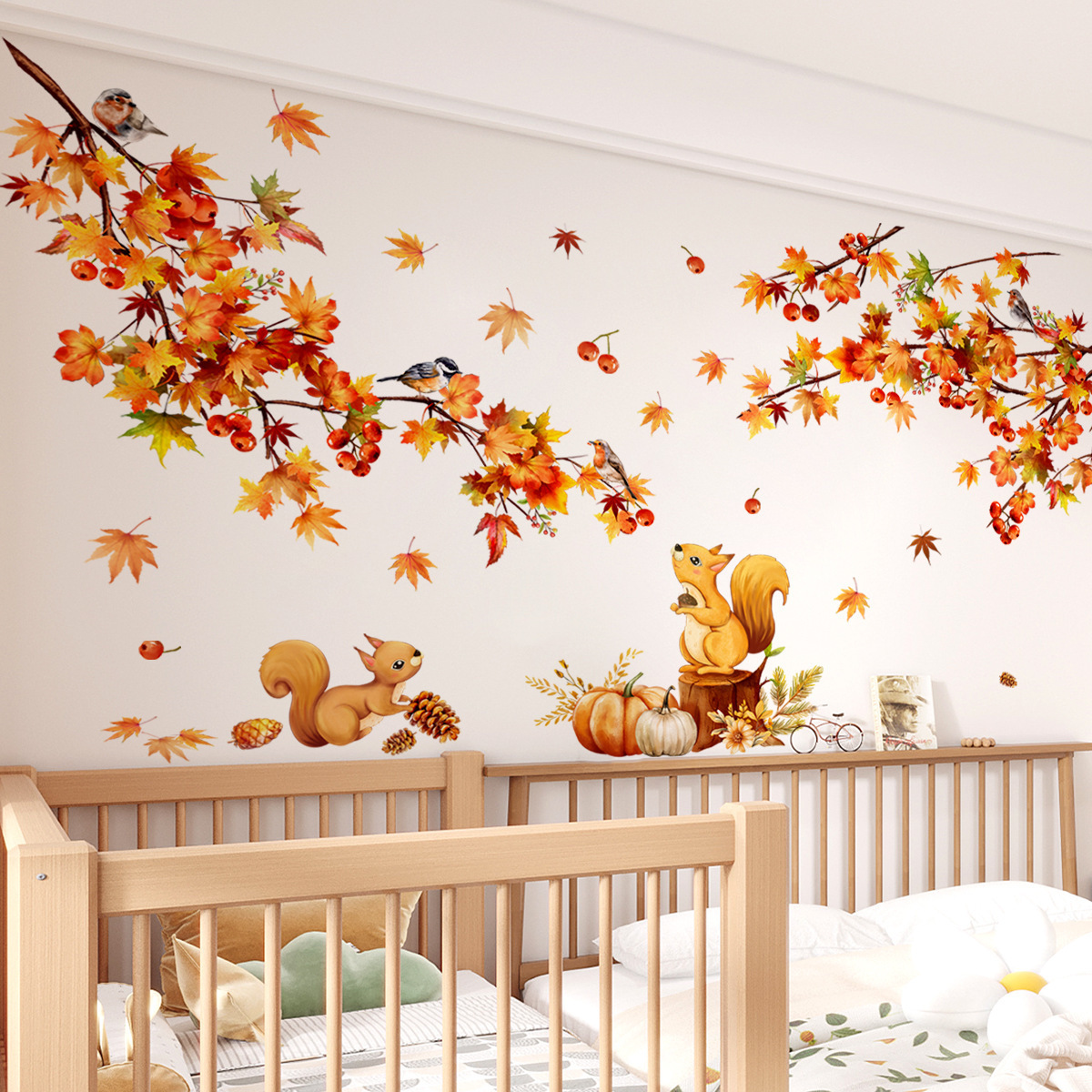 Maple leaves falling in autumn Wall Sticker Cartoon Squirrel Maple Leaf Branch Decals Living Room Decorative Wallpaper