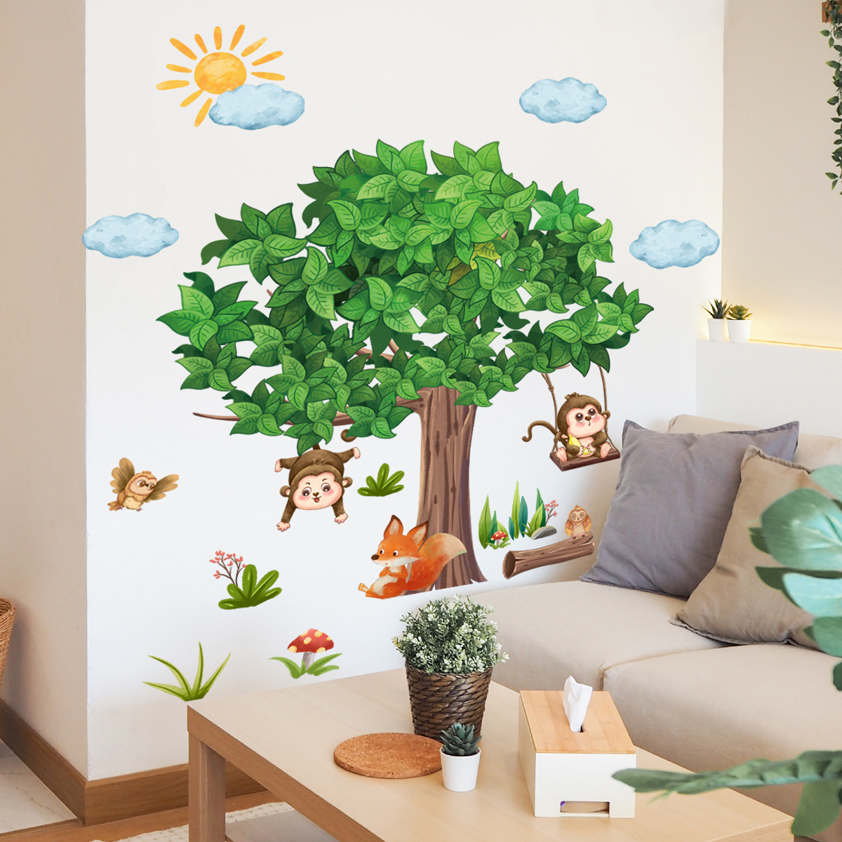 Forest small animals Wall Sticker Cartoon Monkey Fox Decals Living Room Decorative Wallpaper