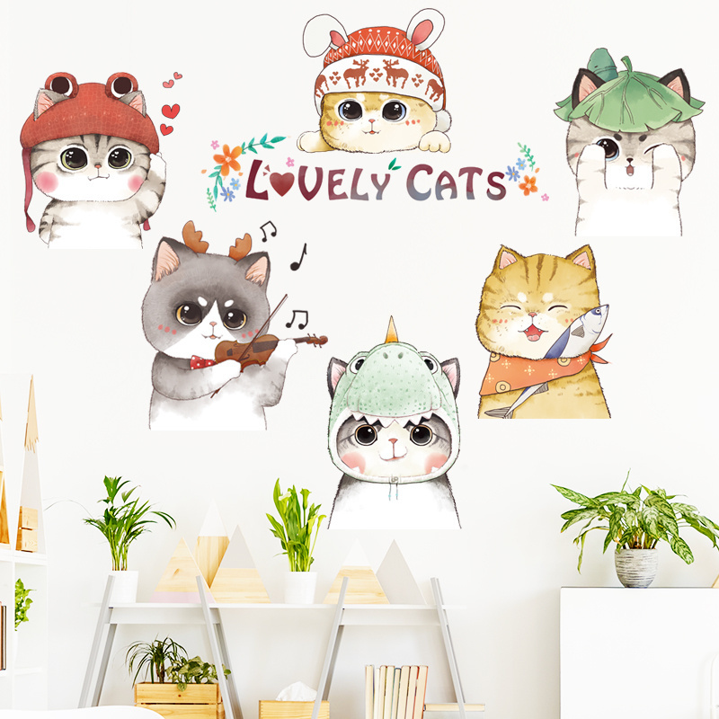 Lovely Cats Wall Decals Cute Kitten With Hats Wall Sticker Cartoon Home Decor For Living Room Bedroom TV Background Wallpaper