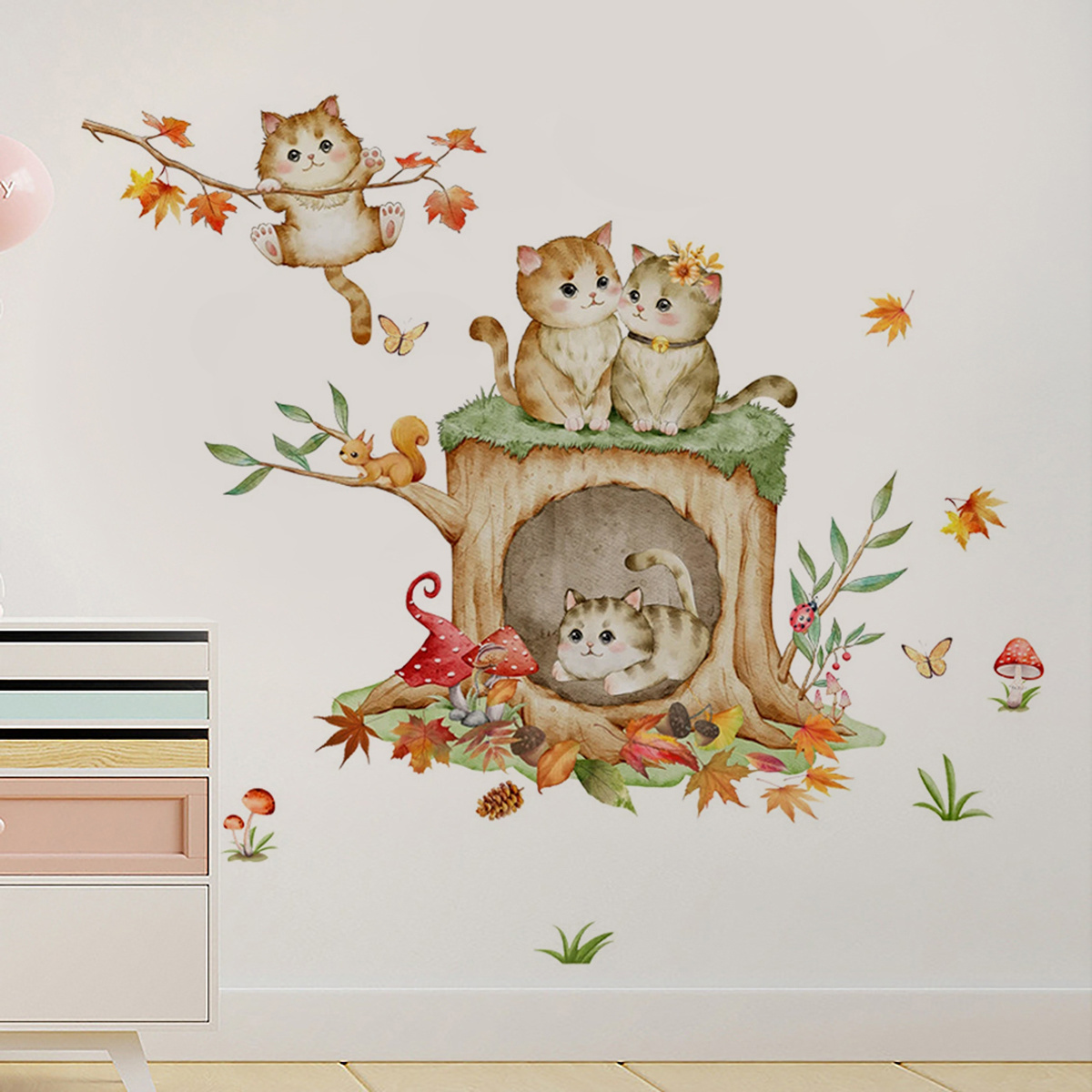 Kitten stump wall stickers mushroom branch wall stickers Children's room living room decoration wallpaper self-adhesive  sticker