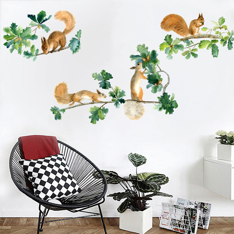 Lovely Squirrel Wall Mural Green Leaves Tree Branch Stickers Home Decor Wallpaper For Kids Living Room Bedroom Decor Wall Decal