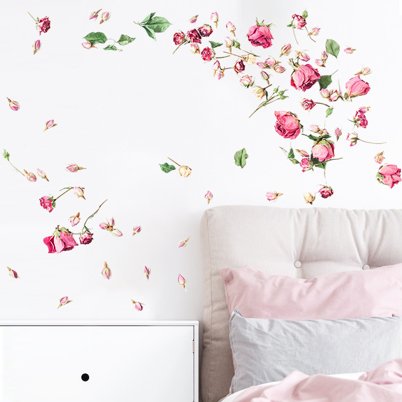 Falling Flowers Wallpaper Pink Blooming Rose Sticker For Women's Bedroom Creative Girl's Living Room Decorative Wall Decal