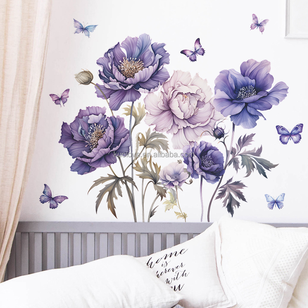 Beautiful Painted Purple flowers Butterfly wall stickers Living room bedroom decoration stickers self-adhesive PVC wallpaper