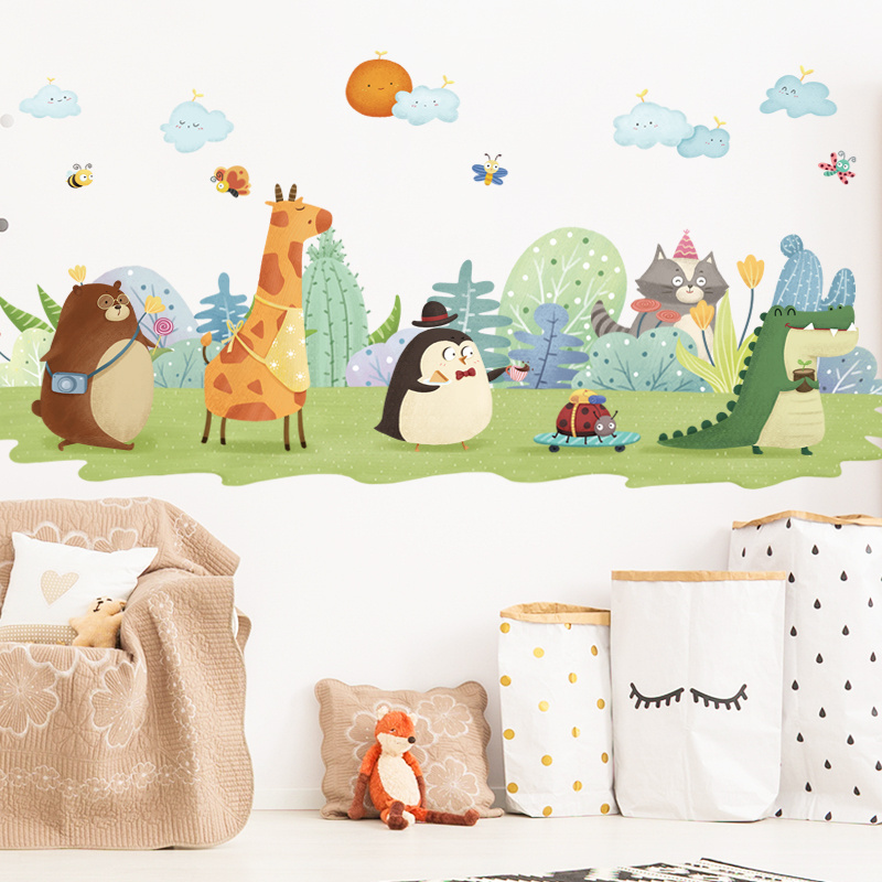 Cartoon Animal Wallpaper Dinosaur Giraffe Penguin PVC Removable Wall Sticker For Kindergarten Children's Room Decor Wall Decal