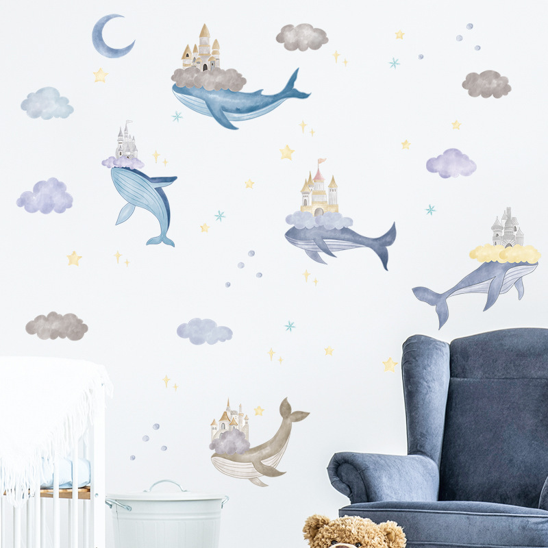 Cartoon Whale Wall Sticker Dream Castle Clouds Decals Living Room Decorative Wallpaper