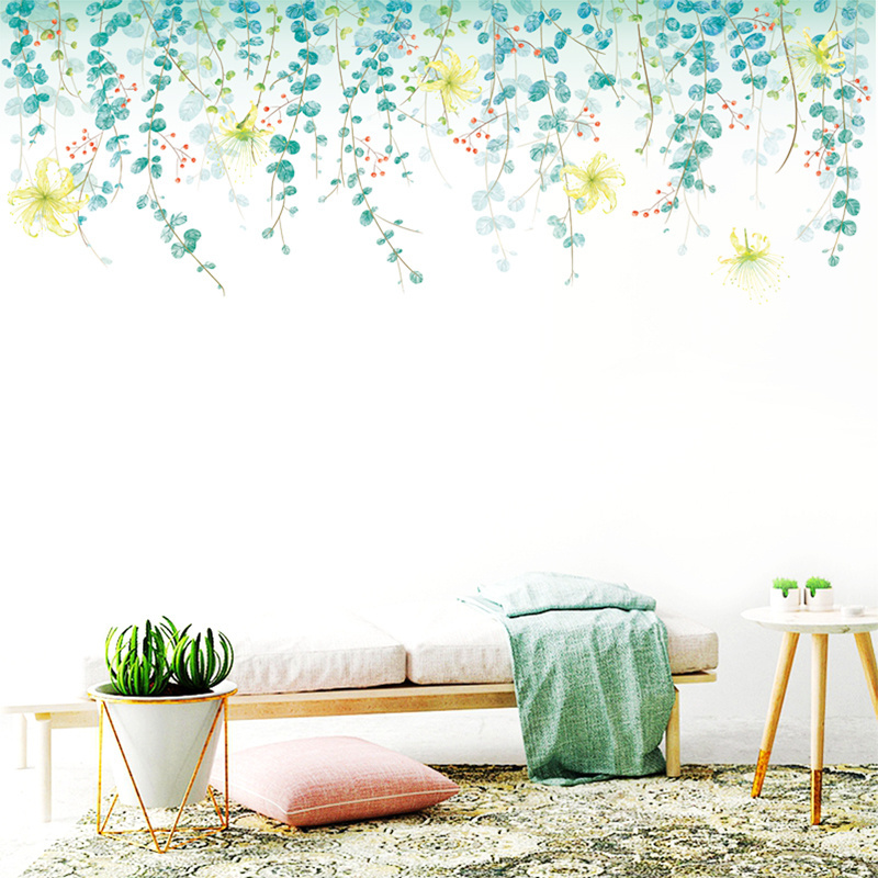 Blue Plant Leaves Yellow Flower Wallpaper Plants Home Decoration Wall Sticker For Living Room Bedroom TV Background Wall Decal