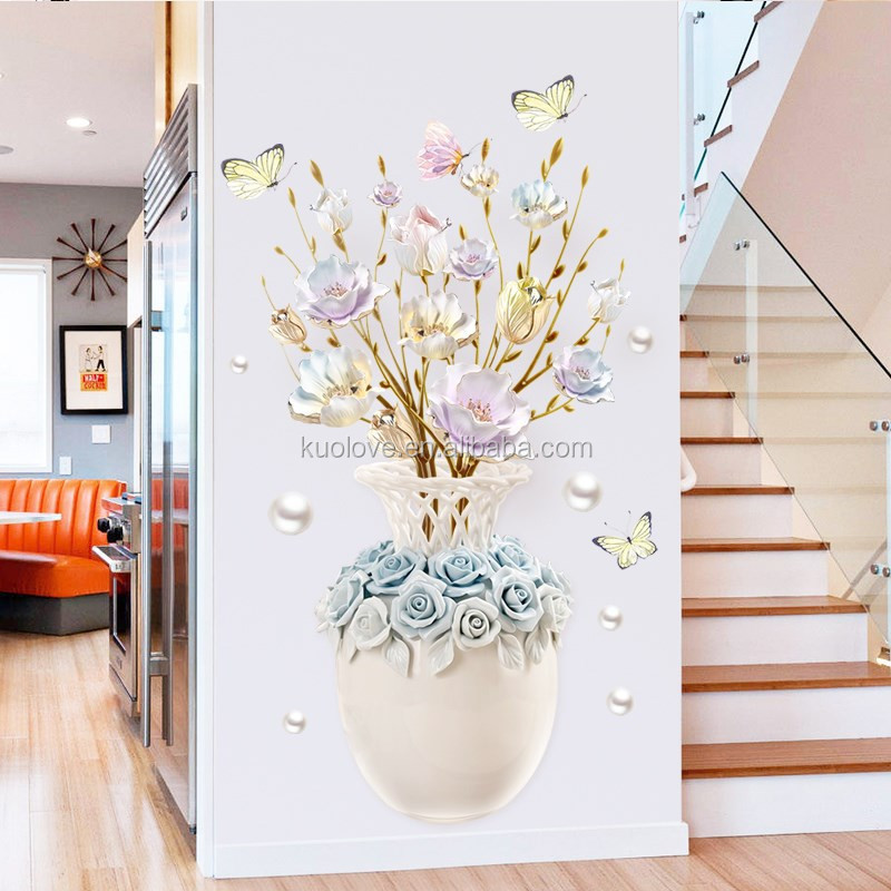 Light Blue Flowers Vase Wall Decal Colorful Flower Butterfly Wallpaper For Living Room Bedroom Chinese Style Home Decor Sticker