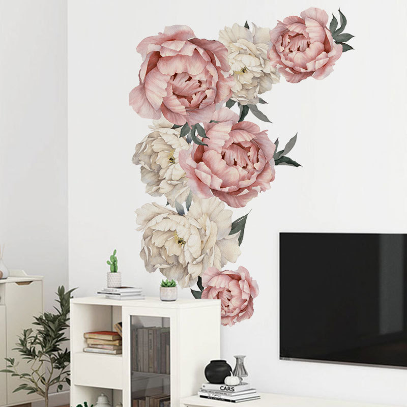 3D Wall Decal Chinese Flower Wall Paper Pink And White Peony Flowers Decoration Wallpaper Self Adhesive Stickers For Living Room