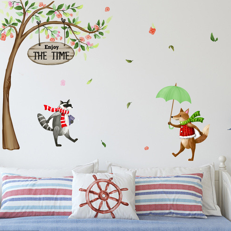 Cute Fox And Palm Civet Wall Sticker Enjoy The Time Wallpaper For Kid's Bedroom Cartoon Wall Mural For Kindergarten Home Decor