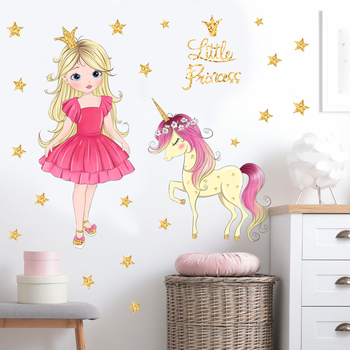 Gold Stars Pink Princess wildebeest wall stickers Living room children's bedroom decorative wallpaper self-adhesive stickers