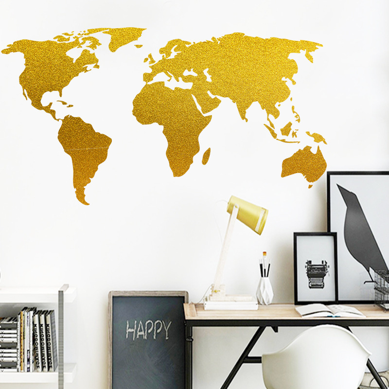 Gold World Map Wall Stickers Seven Continents Wallpaper For Kid's Bedroom Living Room Modern Style Home Decor Wall Decal