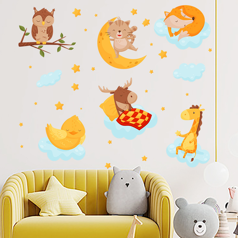 Cartoon Animals Wall Sticker Creative Owl Cat Fox Wallpaper Elk Giraffe Bedroom Decals Living Room Decorative Wallpaper