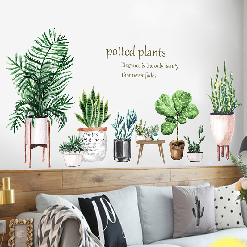 Cute Green Succulent Potted Plants Stickers For Room Wall Cactus Wallpaper For Bedroom Living Room Removable PVC Wall Decal