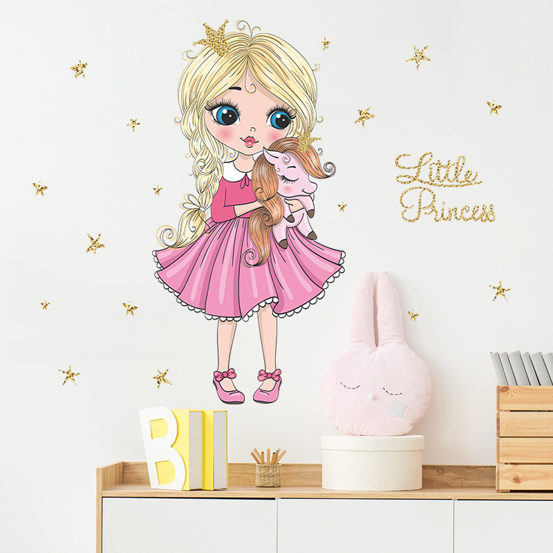 Pink Little Princess Wall Stickers Creative Girl's Living Room Decorative Decals Self Adhesive Kid's Bedroom Wallpaper