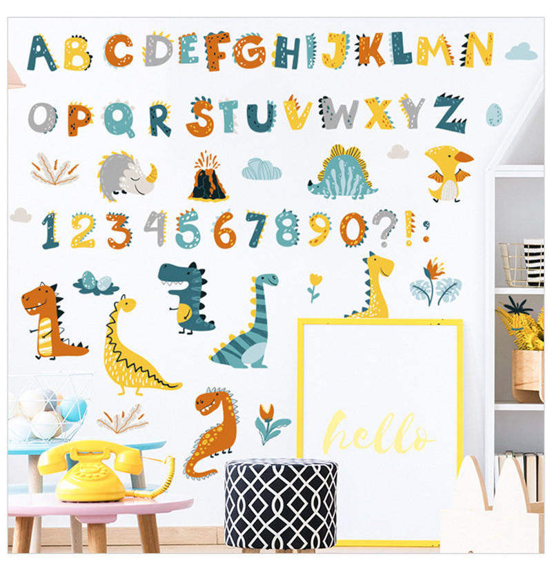 Cute Alphabet Numbers Stickers Cartoon Dinosaurs Cats Wallpaper For Bedroom Self Adhesive TV Background Decorative Wall Decals