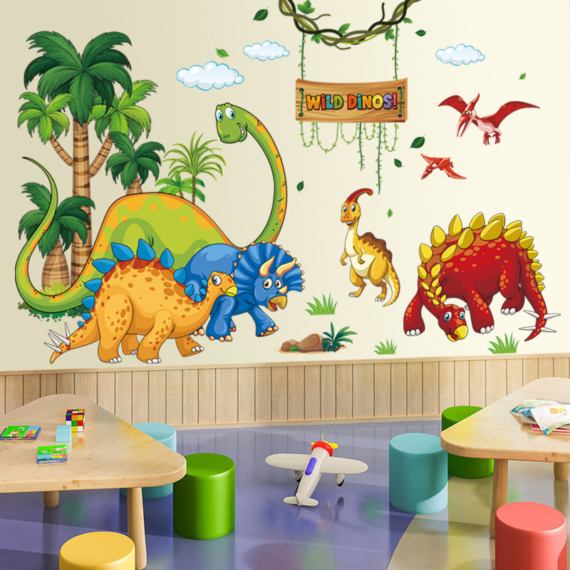 Cartoon animal dinosaur Wall Sticker Stegosaurus pterosaur Triceratops Decals Living Room Decorative Wallpaper