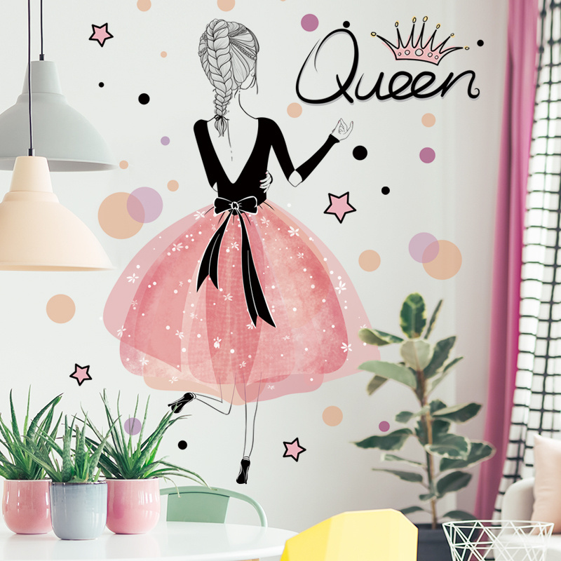 Beautiful Girl Back Wall Stickers Cute Queen Crown Wallpaper Stars and Dots Sticker Home Decoration For Living Room Wall Decal