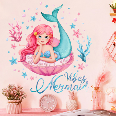 Beautiful Mermaid Wall Sticker Cartoon Shell Coral Decals Living Room Decorative Wallpaper