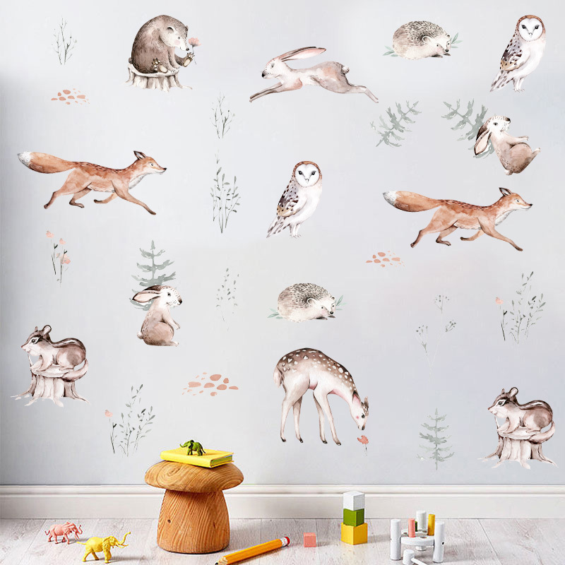 Forest Animals Wall Sticker Cartoon Fox Rabbit Sika Deer Owl Wallpaper For Children's Room Kid's Living Room Creative Wall Mural