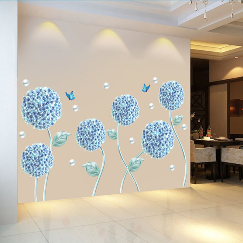 Blue Hydrangea Dandelion Butterfly Wall Decal White Pearl Wallpaper For Living Room Bedroom Home Decor TV Background Sticker