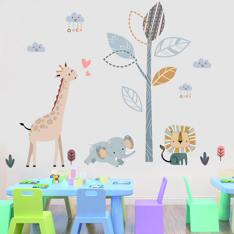 Cartoon Giraffe Elephant Wall Sticker Self Adhesive Cute Decals Creative Kid's Bedroom Wallpaper Children's Decorative Murals