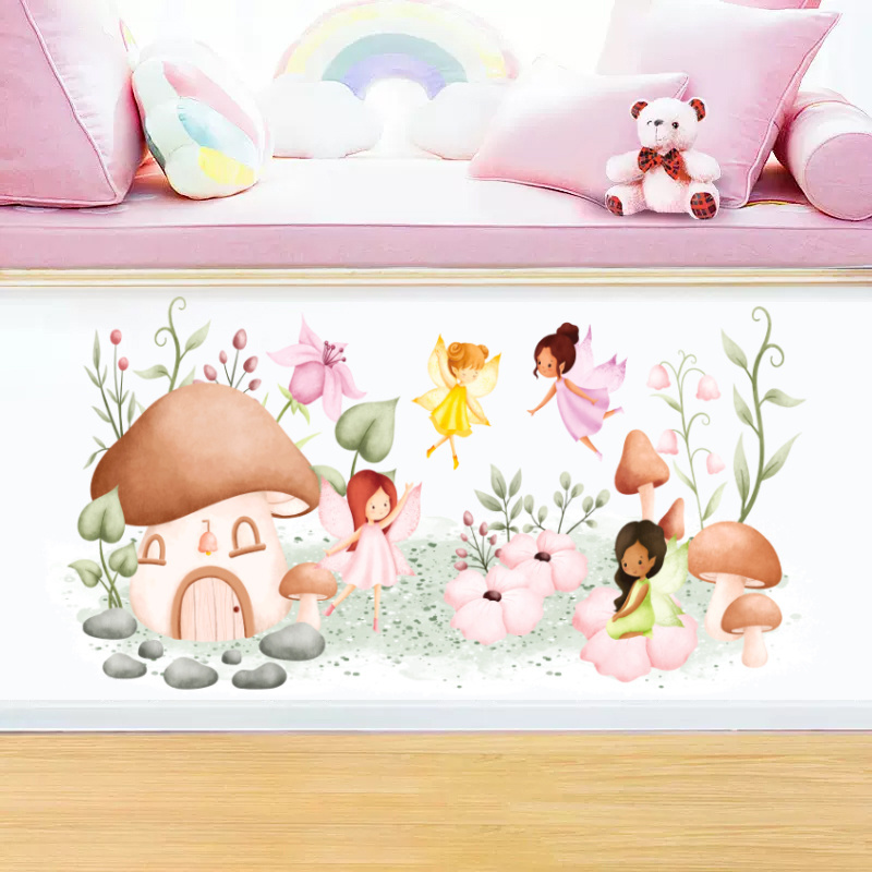 Flower Fairy Wall Sticker Flowers Mushroom House Wallpaper Creative Bedroom Decals Living Room Decorative Murals