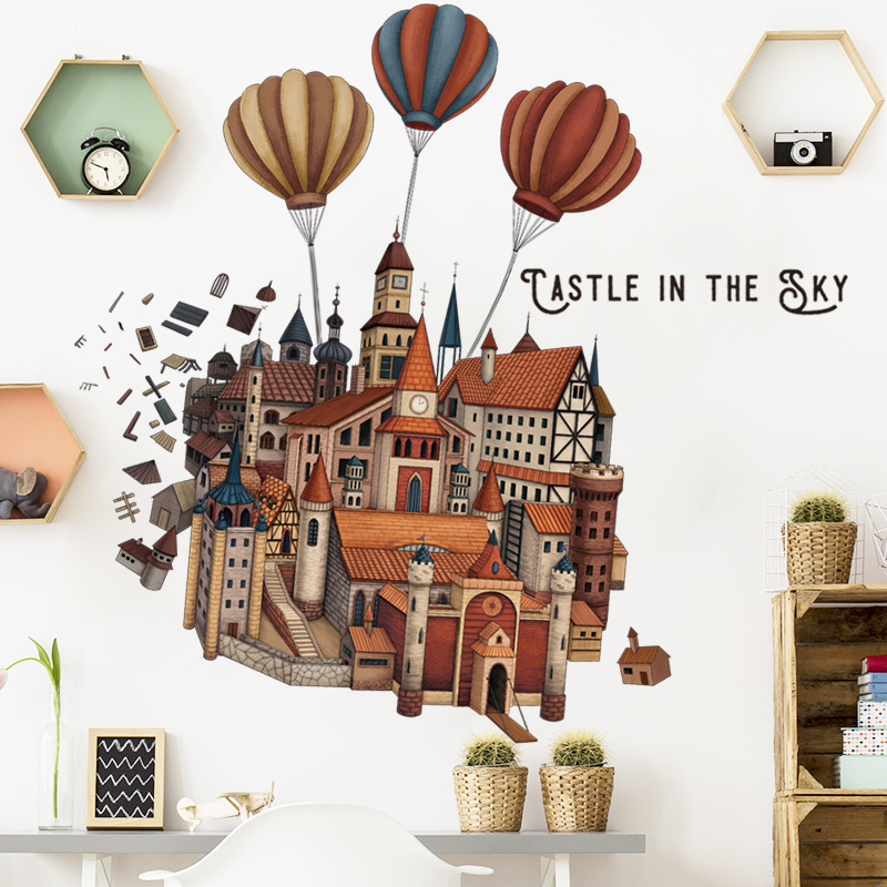 Cartoon Castle Hot Air Balloon Wallpaper Cute Home Decoration Wall Mural For Kid Living Room Bedroom Sofa Background Wall Decal