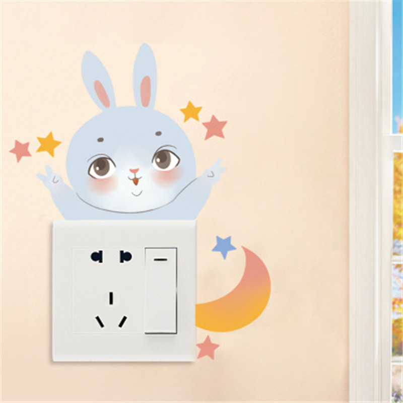 Cartoon Rabbits Switch Sticker Cute Light Blue Bunny Wallpaper For Kid's Room Hot Sale Modern Style Home Decoration