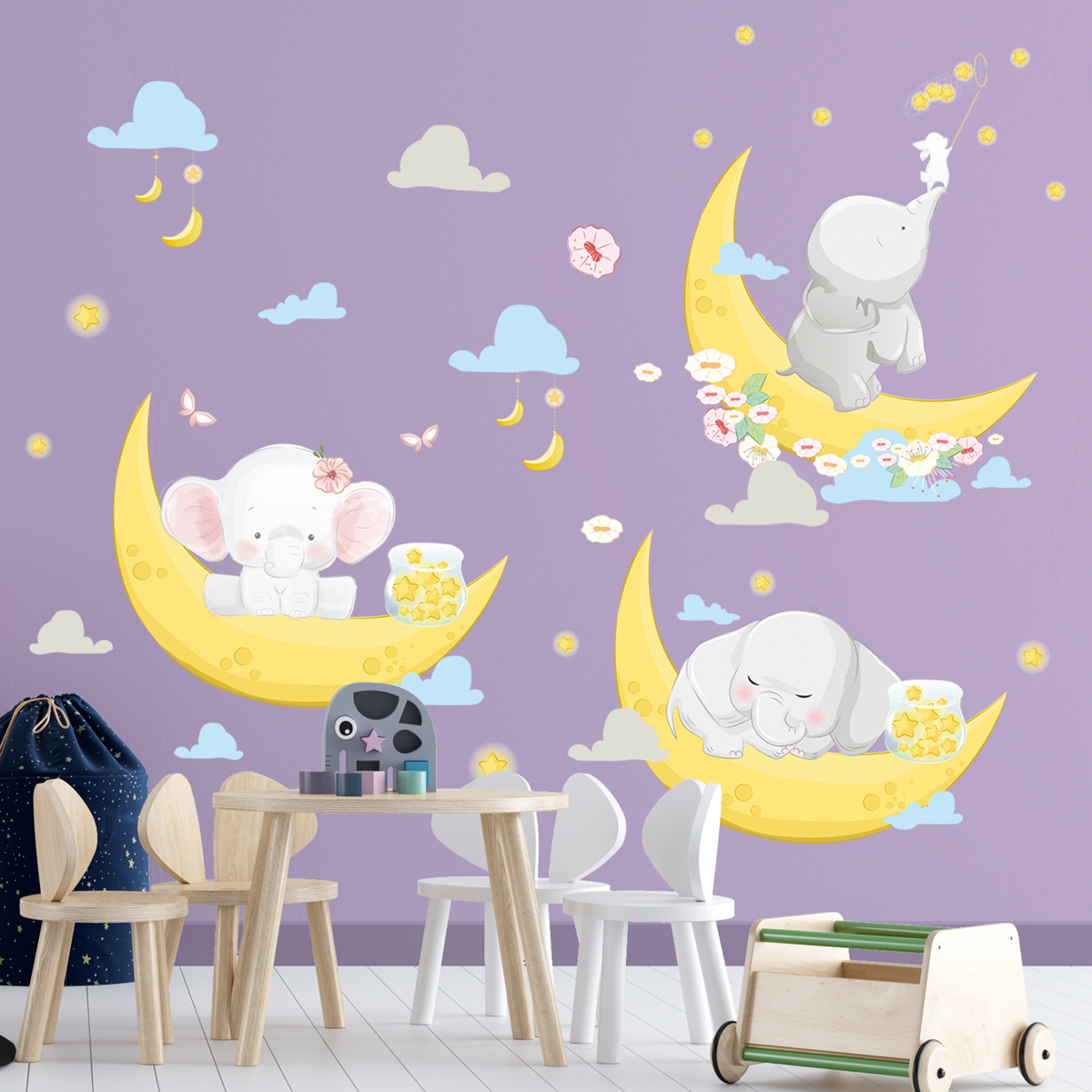 Cartoon Calf Elephant With The Moon Wall Sticker White Blue Clouds Wallpaper For Kid's Room Warm Bedroom Home Decor Wall Decal