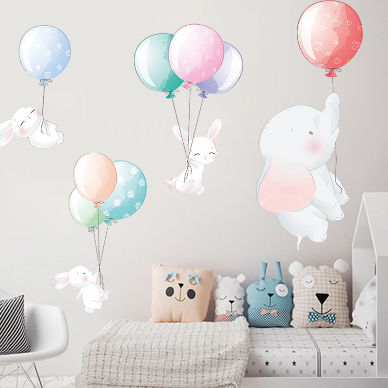 Creative Cartoon Calf Elephant Bunny Wall Decal Colorful Balloons Wallpaper For Kid's Bedroom Cute Children Living Room Sticker