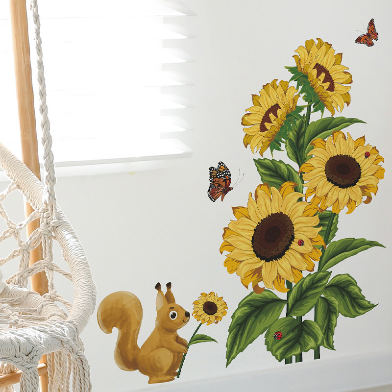 Painted warm sunflower squirrel PVC wall stickers Bedroom living room decoration wallpaper self-adhesive wall stickers